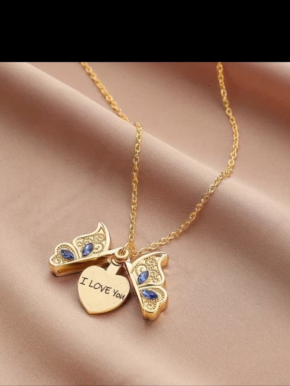 Gold Butterfly Pendant Necklace with Blue Accents - I Love You Charm